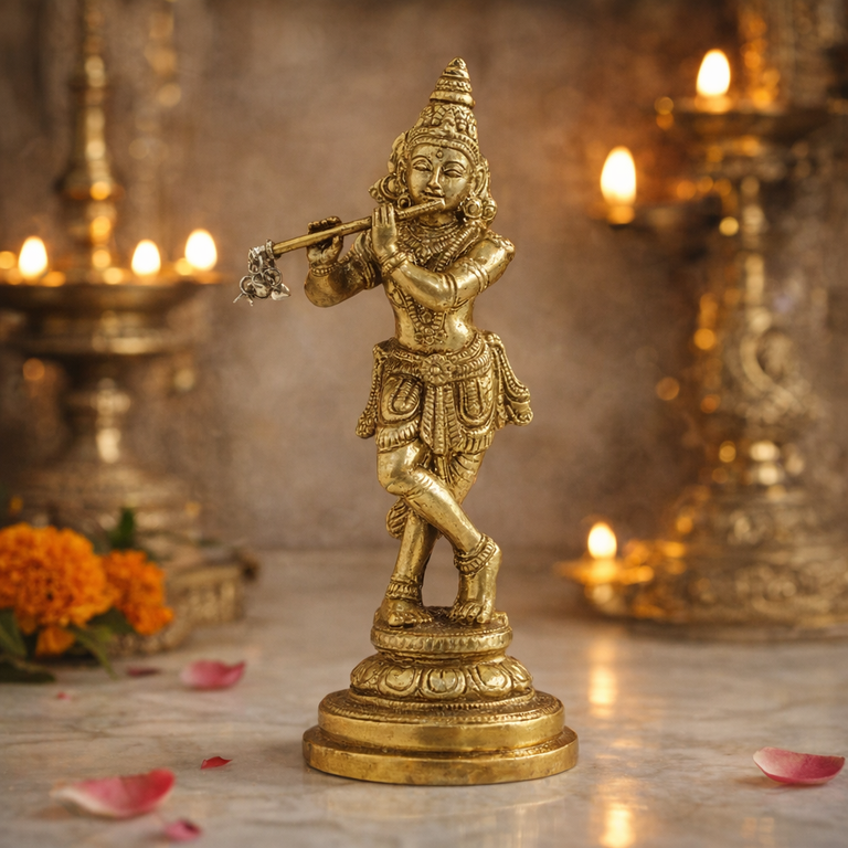 KRISHNA WITH FLUTE - 5 INCH IDOL IN BRASS